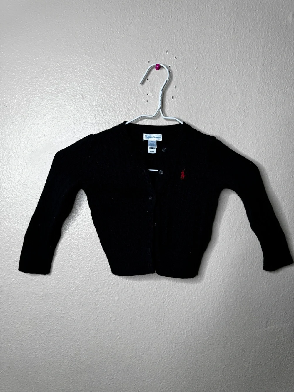 Ralph Lauren Unisex Baby 18M Black Cotton Cable Knit Cardigan Red Pony